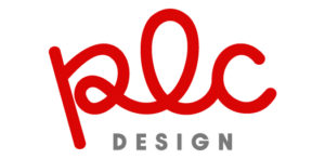 Logo "plc design" en lettres rouges manuscrites sur fond transparent