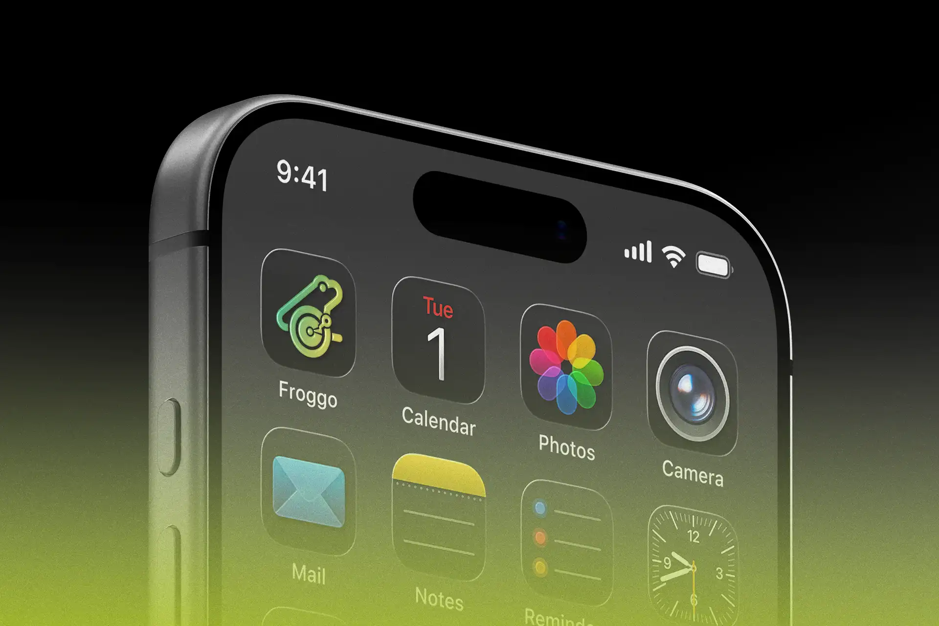 Icône de l'application Froggo sur l'écran d'accueil d'un iPhone, entre les applications Calendrier et Photos