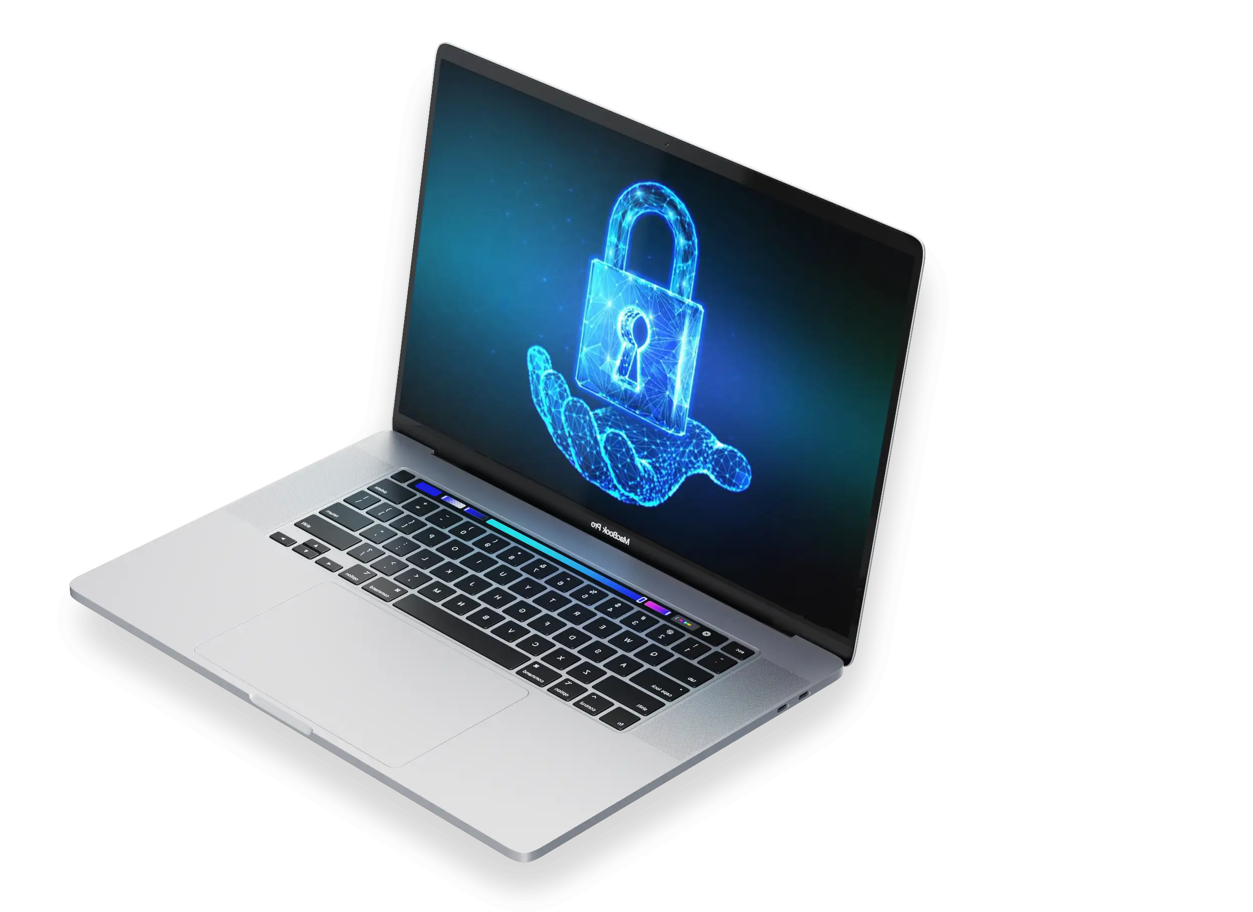 MacBook Pro ouvert affichant une illustration de cadenas numérique bleu symbolisant la cybersécurité, sur fond transparent