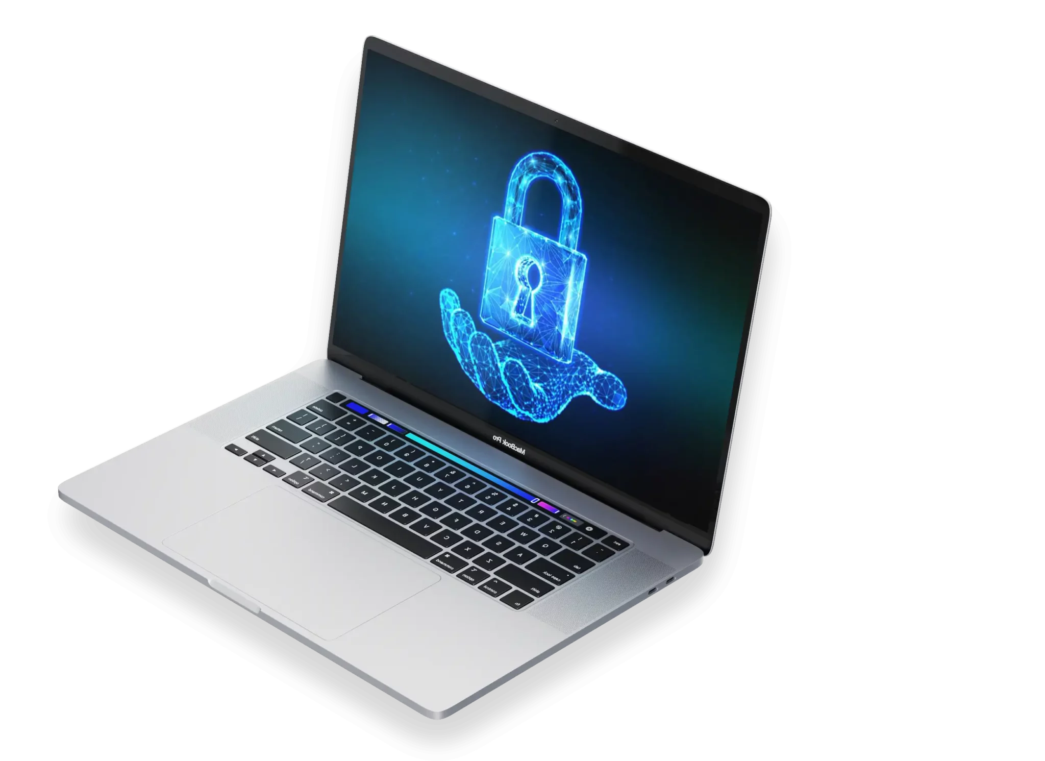 MacBook Pro ouvert affichant une illustration de cadenas numérique bleu symbolisant la cybersécurité, sur fond transparent