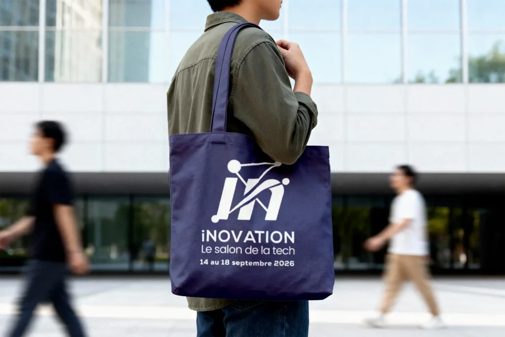Tote bag bleu marine iNOVATION porté à l'épaule dans un contexte urbain, logo salon de la tech et dates 14-18 septembre 2026
